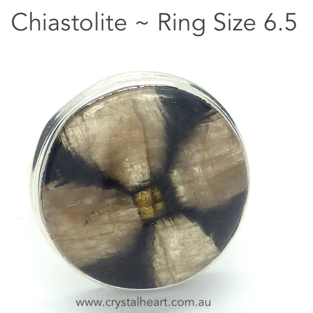 Chiastolite Ring | Round Cabochon | 925 Sterling Silver | US Size 6.5 | AUS Size M1/2 | Andalusite Variety | Protection for Travellers | Centred Strength | Crystal Heart Melbourne Australia since 1986