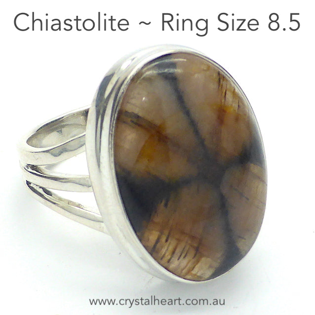 Chiastolite Ring | Oval Cabochon | 925 Sterling Silver | US Size 8.5 | AUS Size Q1/2 | Andalusite Variety | Protection for Travellers | Centred Strength | Crystal Heart Melbourne Australia since 1986