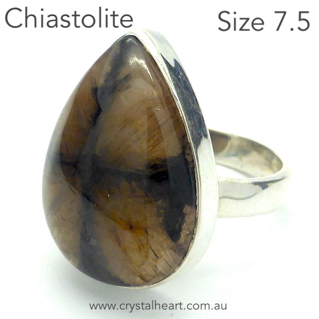 Chiastolite Ring, Teardrop Cabochon, 925 Silver r8