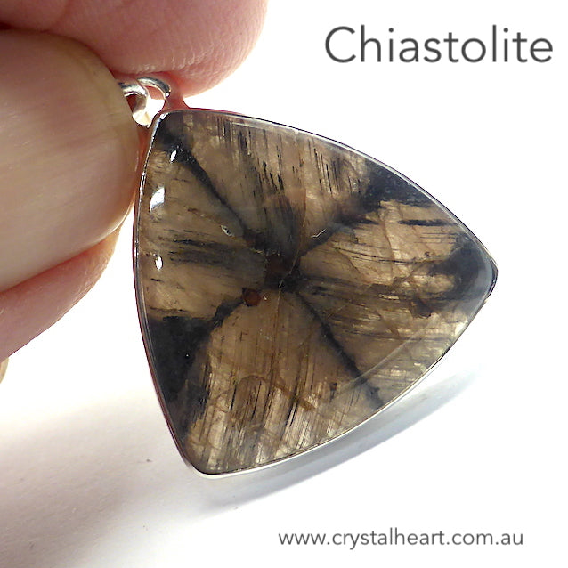 Chiastolite Pendant | Triangle Cabochon | 925 Sterling Silver | Andalusite Variety | Protection for Travellers | Centred Strength | Genuine Gems from Crystal Heart Melbourne Australia since 1986