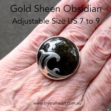Load image into Gallery viewer, Golden Sheen Obsidian Ring | 925 Sterling Silver Wave Motif | US size adjustable 7 to 9 | Harmony in Chaos | Spiritual revolution | Genuine Gems from Crystal Heart Australia since 1986