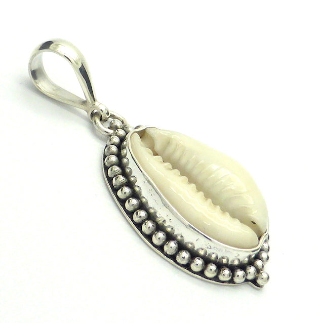 Cowrie Shell Pendant | I925 Sterling Silver with Silver Ball work surround | Goddess connection and protection, fertility and abundance | Genuine Gems from Crystal Heart Australia Melbourne Australia since 1986