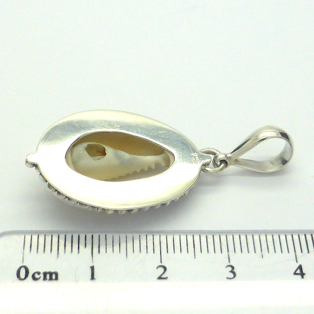 Cowrie Shell Pendant | I925 Sterling Silver with Silver Ball work surround | Goddess connection and protection, fertility and abundance | Genuine Gems from Crystal Heart Australia Melbourne Australia since 1986