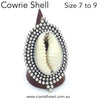 Cowrie Shell Ring | 925 Sterling Silver with Silver Ball work surround | Adjustable US Size 7 to 9 | Goddess connection and protection, fertility and abundance | Genuine Gems from Crystal Heart Australia Melbourne Australia since 1986