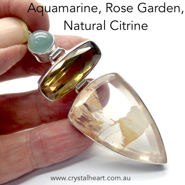 Rose Garden Lodolite Quartz, Natural Citrine and Aquamarine Pendant | 925 Sterling Silver | Flawless A Grade Citrine | Abundant Energy Repel Negativity | Spiritual Vision | Genuine Gems from Crystal Heart Melbourne Australia  since 1986