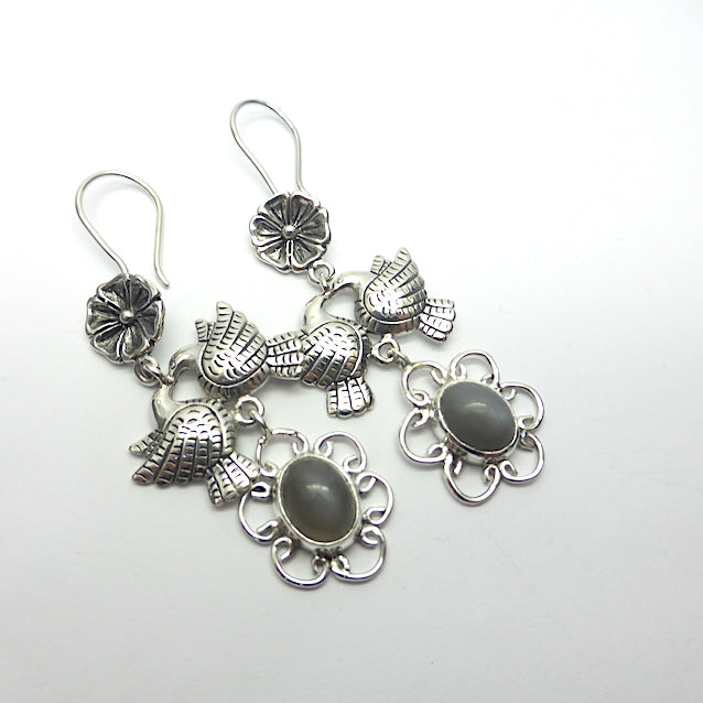 Silver Earring with Turtle Dove and Cats Eye  | 925 Sterling Silver | Inspired by Frida Kahlo | Genuine Gemstones from Crystal Heart Melbourne Australia since 1986