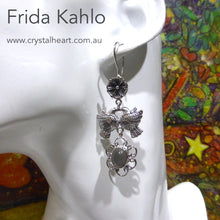 Load image into Gallery viewer, Silver Earring with Turtle Dove and Cats Eye  | 925 Sterling Silver | Inspired by Frida Kahlo | Genuine Gemstones from Crystal Heart Melbourne Australia since 1986
