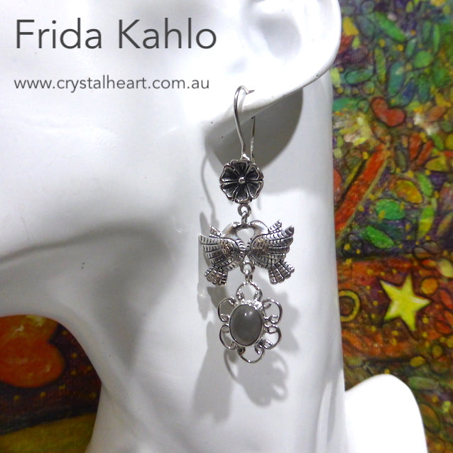 Frida Kahlo Earrings, Dove with Cats Eye, 925 Silver, kt3