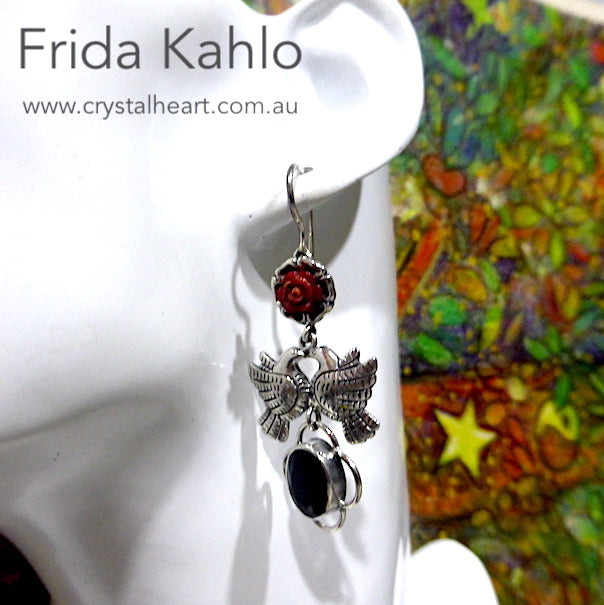Silver Earring with Turtle Dove and Faceted Black Onyx  | 925 Sterling Silver | Inspired by Frida Kahlo | Genuine Gemstones from Crystal Heart Melbourne Australia since 1986