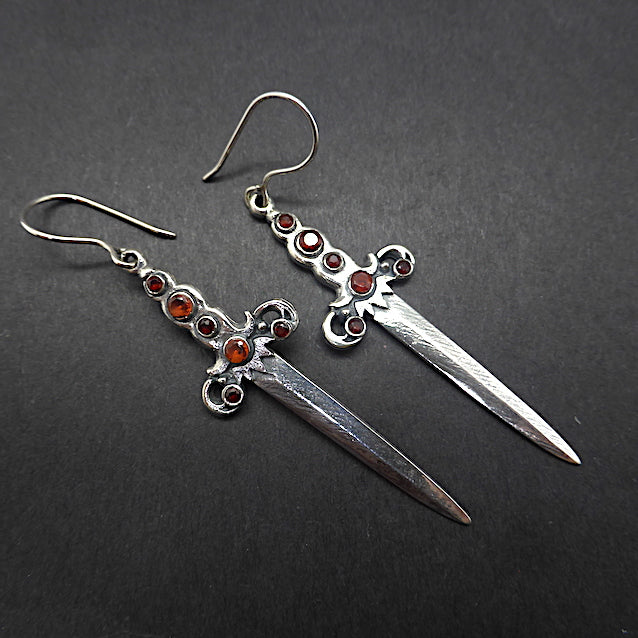 Bejewelled Dagger Earrings | Beautiful styling, each embossed with 6 faceted garnets | 925 Sterling Silver | Great for Game of Thrones or other Fantasy Fans | Genuine Gems from Crystal Heart Melbourne Australia since 1986