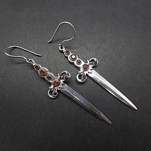 Load image into Gallery viewer, Bejewelled Dagger Earrings | Beautiful styling, each embossed with 6 faceted garnets | 925 Sterling Silver | Great for Game of Thrones or other Fantasy Fans | Genuine Gems from Crystal Heart Melbourne Australia since 1986