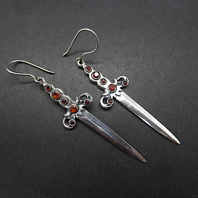 Bejewelled Dagger Earrings | Beautiful styling, each embossed with 6 faceted garnets | 925 Sterling Silver | Great for Game of Thrones or other Fantasy Fans | Genuine Gems from Crystal Heart Melbourne Australia since 1986