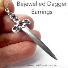Load image into Gallery viewer, Bejewelled Dagger Earrings | Beautiful styling, each embossed with 6 faceted garnets | 925 Sterling Silver | Great for Game of Thrones or other Fantasy Fans | Genuine Gems from Crystal Heart Melbourne Australia since 1986