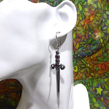 Load image into Gallery viewer, Bejewelled Dagger Earrings | Beautiful styling, each embossed with 6 faceted garnets | 925 Sterling Silver | Great for Game of Thrones or other Fantasy Fans | Genuine Gems from Crystal Heart Melbourne Australia since 1986