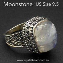 Load image into Gallery viewer, Ring Rainbow Moonstone Cabochon | 925 Sterling Silver | Antique looking patterns on bezel and band | US Size 9.5 | US Size S1/2 | Cancer Libra Scorpio | Genuine Gems from Crystal Heart Melbourne Australia since 1986