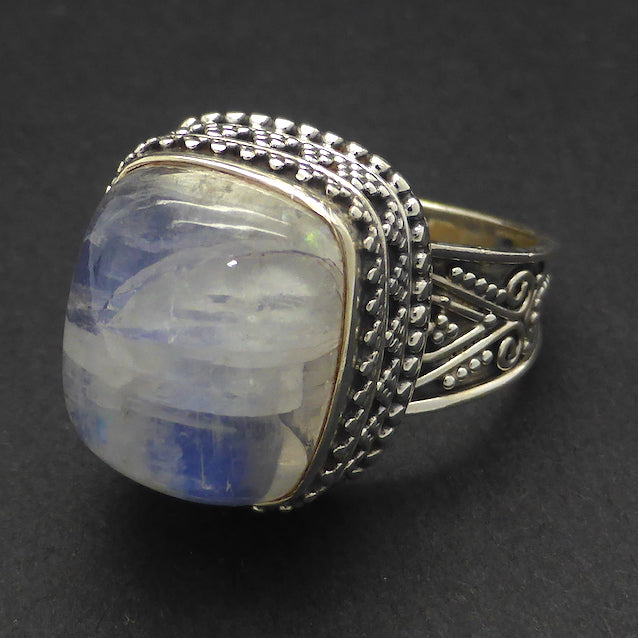 Ring Rainbow Moonstone Cabochon | 925 Sterling Silver | Antique looking patterns on bezel and band | US Size 9.5 | US Size S1/2 | Cancer Libra Scorpio | Genuine Gems from Crystal Heart Melbourne Australia since 1986