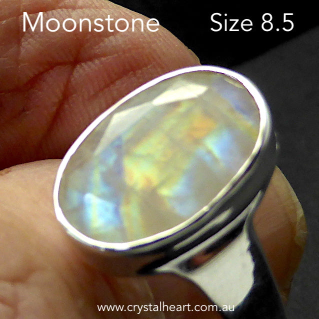 Ring Rainbow Moonstone Ring | Faceted Oval Cut | Blue Gold Turquoise Flash | 925 Sterling Silver | Bezel Set, Heavy Signet Style, open Back | US Size 8.5 | AUS Size Q1/2 | Cancer Libra Scorpio | Genuine Gems from Crystal Heart Melbourne Australia since 1986