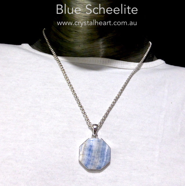 Blue Scheelite | Unusual Octagonal Cabochon | 925 Sterling Silver | Bezel Set | Open Back | Genuine Gems from Crystal Heart Melbourne Australia since 1986