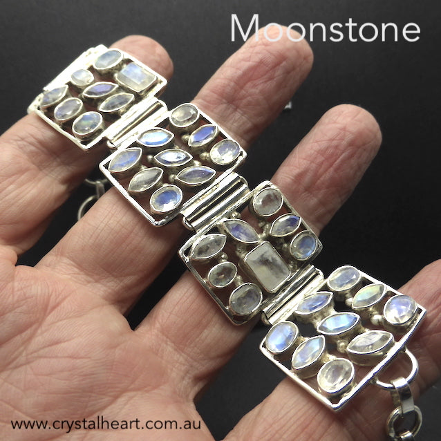 Stunning Rainbow Moonstone Bracelet | 925 Sterling Silver | 5 panels contain a total of 44 faceted stones all with good Blue Flash | Toggle Clasp | Genuine gems from Crystal Heart Carlton Australia since 1986