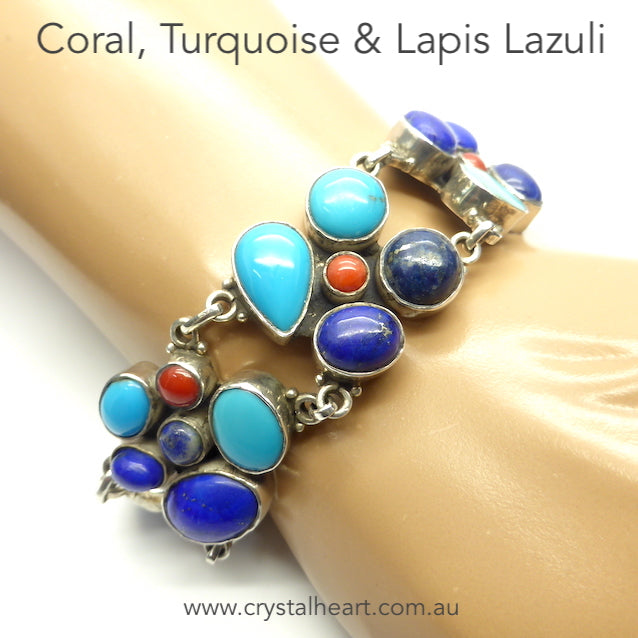 Lapis Lazuli, Coral and Turquoise Bracelet | 925 Sterling Silver | Traditional Design | Genuine Gemstones from Crystal Heart Melbourne Australia since 1986