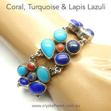 Load image into Gallery viewer, Lapis Lazuli, Coral and Turquoise Bracelet | 925 Sterling Silver | Traditional Design | Genuine Gemstones from Crystal Heart Melbourne Australia since 1986