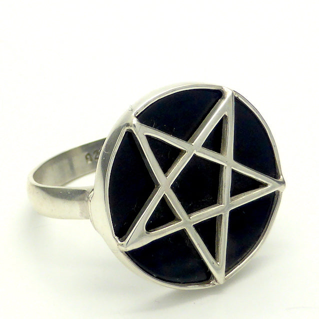 Silver Pentacle on Black Onyx Ring | 925 Sterling Silver | Wisdom and Protection & Harmony | Crystal Heart Melbourne Australia since 1986