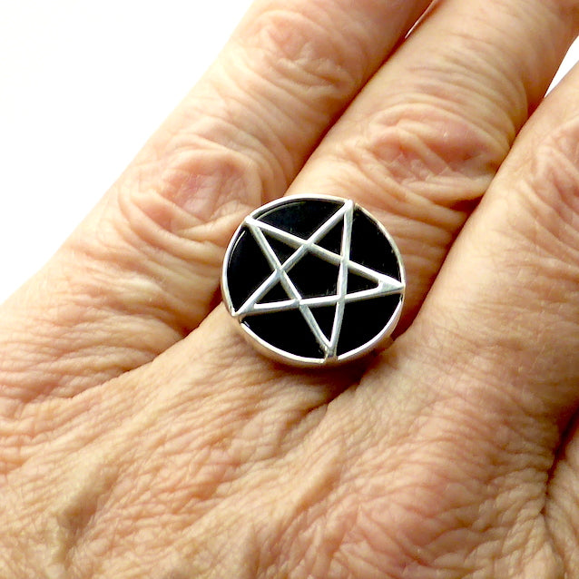 Silver Pentacle on Black Onyx Ring | 925 Sterling Silver | Wisdom and Protection & Harmony | Crystal Heart Melbourne Australia since 1986