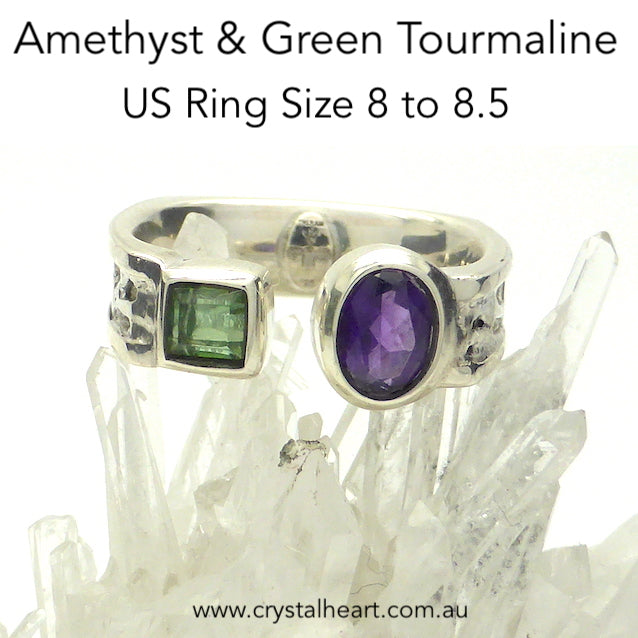 Faceted Amethyst and Green Tourmaline Ring | 925 Sterling Silver | Hexagonal Geometric Design | US Size 8 to 8.5 | Quality Italian Unisex Design | Genuine Gems from Crystal Heart Melbourne Australia  since 1986