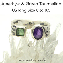 Load image into Gallery viewer, Faceted Amethyst and Green Tourmaline Ring | 925 Sterling Silver | Hexagonal Geometric Design | US Size 8 to 8.5 | Quality Italian Unisex Design | Genuine Gems from Crystal Heart Melbourne Australia  since 1986