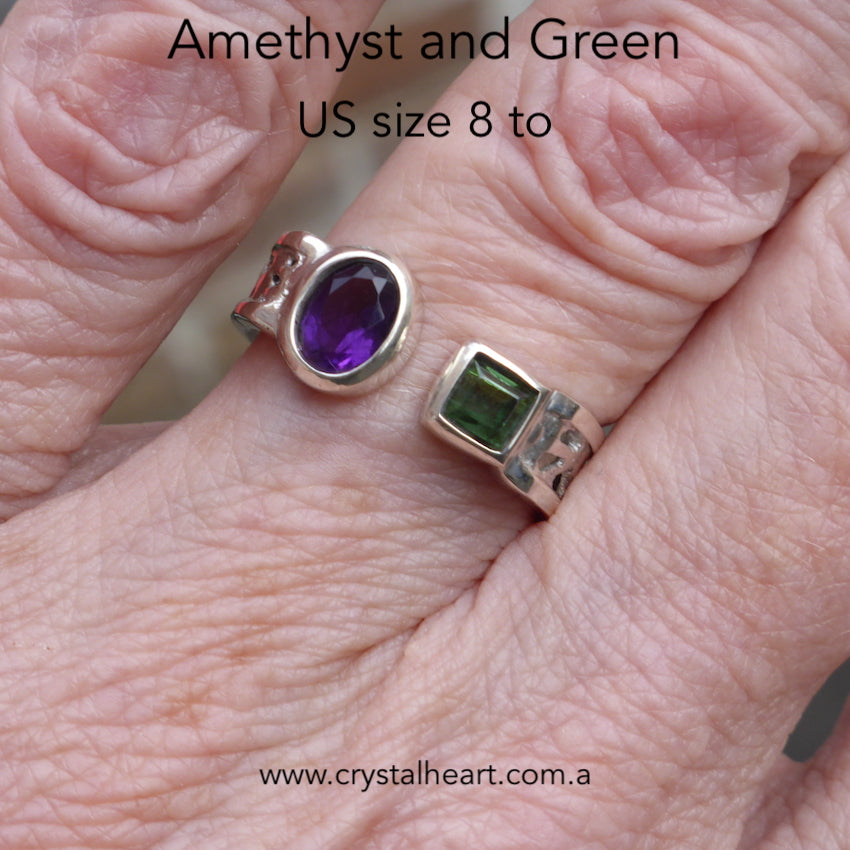 Faceted Amethyst and Green Tourmaline Ring | 925 Sterling Silver | Hexagonal Geometric Design | US Size 8 to 8.5 | Quality Italian Unisex Design | Genuine Gems from Crystal Heart Melbourne Australia  since 1986