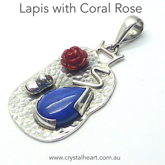 Lapis Lazuli Pendant | Teardrop Lapis and carved Red Coral Rose on Freeform Silver backing |C 925 Sterling Silver | Open Back | Meditation | Mindfulness | Inner Truth | Genuine Gems from Crystal Heart Melbourne Australia since 1986