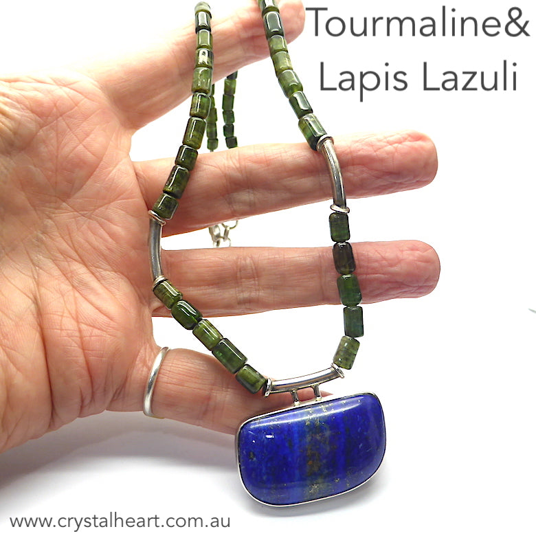 Stunning Green Tourmaline Necklace | Natural Crystals drilled as beads | Lapis Lazuli Pendant | Substantial 925 Sterling Silver Findings | Mindfulness | Inner Truth | Genuine Gems from Crystal Heart Melbourne Australia since 1986