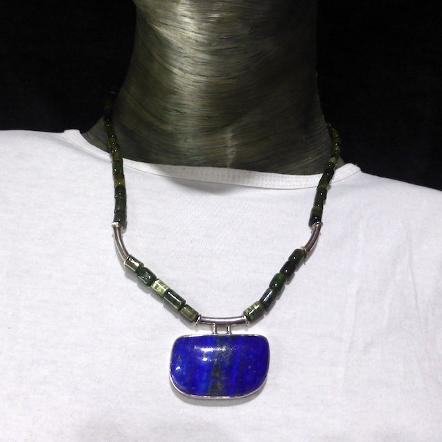 Stunning Green Tourmaline Necklace | Natural Crystals drilled as beads | Lapis Lazuli Pendant | Substantial 925 Sterling Silver Findings | Mindfulness | Inner Truth | Genuine Gems from Crystal Heart Melbourne Australia since 1986