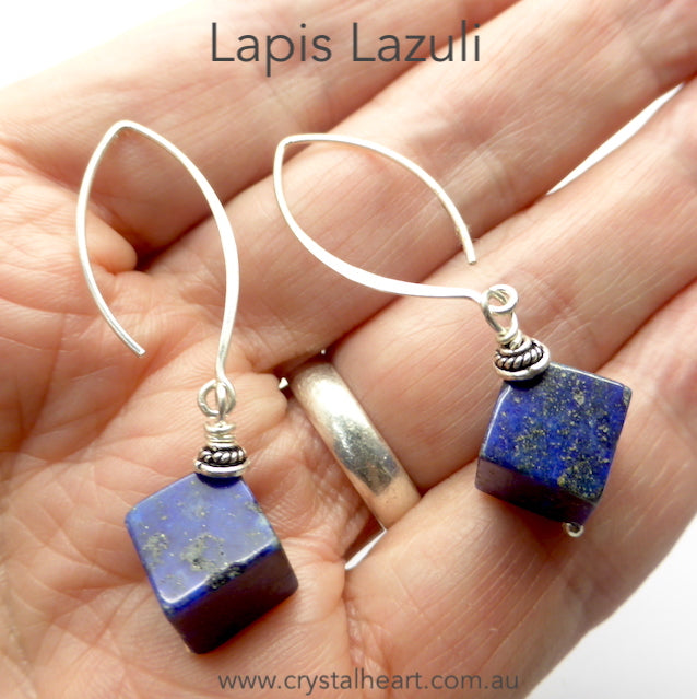 Lapis Lazuli Earrings | 10 mm cubic beads | 925 Sterling Silver Findings | Long Hooks | Deep Royal Blue | Genuine gems from Crystal Heart Melbourne Australia since 1986