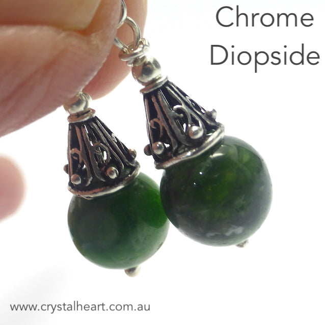 Chrome Diopside Bead Earrings | 925 Sterling Silver | Bright Jade Green Translucent Gemstone | High Vibration Powerful Heart Healing & Transformation  | Genuine Gems from Crystal Heart Melbourne Australia since 1986