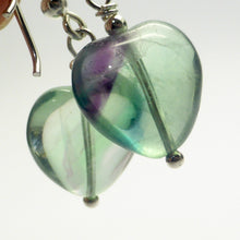Load image into Gallery viewer, Fluorite Heart Earrings | Green with some purple zoning | 925 Sterling Silver Findings | Fair Trade | Genuine Gems from Crystal Heart Melbourne Australia since 1986
