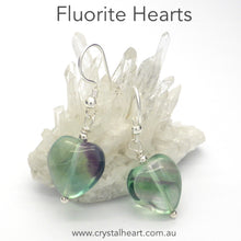 Load image into Gallery viewer, Fluorite Heart Earrings | Green with some purple zoning | 925 Sterling Silver Findings | Fair Trade | Genuine Gems from Crystal Heart Melbourne Australia since 1986