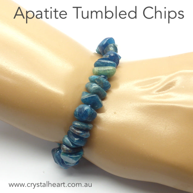 Deep Blue Apatite Stretch Bracelet | Large freeform tumble  polished chips | Integrate Physical & Spiritual | Genuine Gems from Crystal Heart Melbourne Australia since 1986