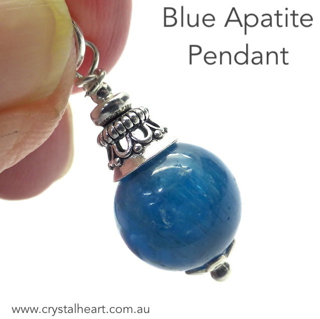 Lovely Translucent 11 mm bead of Blue Apatite | Pendant | 925 Sterling Silver  | Fair Trade | Genuine Gems from Crystal Heart Melbourne Australia since 1986