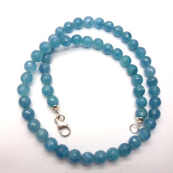 Aquamarine Necklace | 8 mm faceted beads | Length 46 cms | 925 Sterling Silver | Good Colour, some Transparency | Genuine Gems from Crystal Heart Australia since 1986