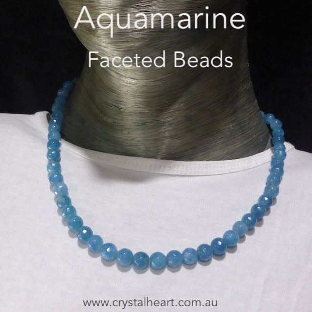 Aquamarine Necklace | 8 mm faceted beads | Length 46 cms | 925 Sterling Silver | Good Colour, some Transparency | Genuine Gems from Crystal Heart Australia since 1986