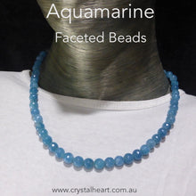 Load image into Gallery viewer, Aquamarine Necklace | 8 mm faceted beads | Length 46 cms | 925 Sterling Silver | Good Colour, some Transparency | Genuine Gems from Crystal Heart Australia since 1986