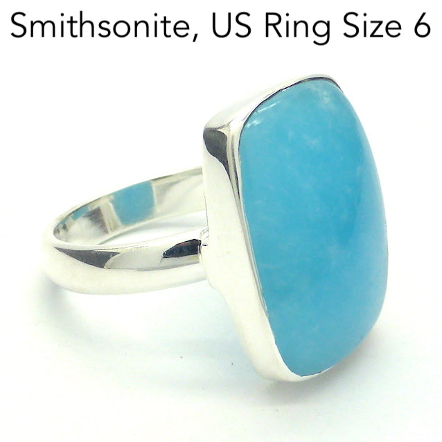 Smithsonite Ring | Onlong Cabochon | Delicious Sky Blue | Classic Bezel set with open Back | US Size 6 | AUS or UK size L1/2 | Calm Emotional Healing Balance | Pisces Virgo | Genuine Gems from Crystal Heart Melbourne Australia since 1986