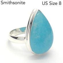 Load image into Gallery viewer, Smithsonite Ring | Teardrop Cabochon | Delicious Sky Blue | Classic Bezel set with open Back | US Size 8 | AUS or UK size P 1/2 | Calm Emotional Healing Balance | Pisces Virgo | Genuine Gems from Crystal Heart Melbourne Australia since 1986
