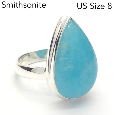 Smithsonite Ring | Teardrop Cabochon | Delicious Sky Blue | Classic Bezel set with open Back | US Size 8 | AUS or UK size P 1/2 | Calm Emotional Healing Balance | Pisces Virgo | Genuine Gems from Crystal Heart Melbourne Australia since 1986
