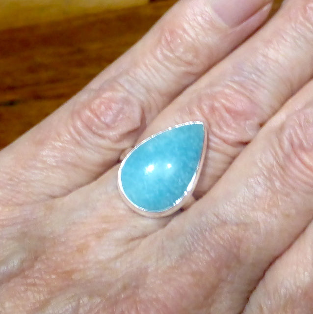 Smithsonite Ring | Teardrop Cabochon | Delicious Sky Blue | Classic Bezel set with open Back | US Size 8 | AUS or UK size P 1/2 | Calm Emotional Healing Balance | Pisces Virgo | Genuine Gems from Crystal Heart Melbourne Australia since 1986
