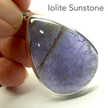 Load image into Gallery viewer, Iolite (Water Sapphire) with sparkling small gold inclusions of Hematite | rare |  Teardrop cabochon Pendant | 925 Sterling Silver | Open Back | Positive Optimism and guidance on your path | Genuine Gems from Crystal Heart Melbourne Australia since 1986