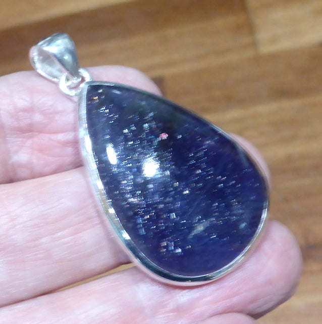 Iolite (Water Sapphire) with sparkling small gold inclusions of Hematite | rare |  Teardrop cabochon Pendant | 925 Sterling Silver | Open Back | Positive Optimism and guidance on your path | Genuine Gems from Crystal Heart Melbourne Australia since 1986