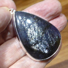Load image into Gallery viewer, Iolite (Water Sapphire) with sparkling small gold inclusions of Hematite | rare |  Teardrop cabochon Pendant | 925 Sterling Silver | Open Back | Positive Optimism and guidance on your path | Genuine Gems from Crystal Heart Melbourne Australia since 1986