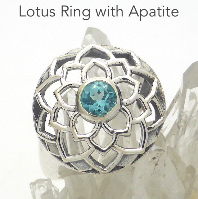 Neon Blue Apatite Ring | AA Grade Faceted Round | Set in Geometric Filigree Lotus Design | 925 Sterling Silver | Simple Setting | US Size  6 or 7 | Genuine Gems from  Crystal Heart Melbourne Australia since 1986